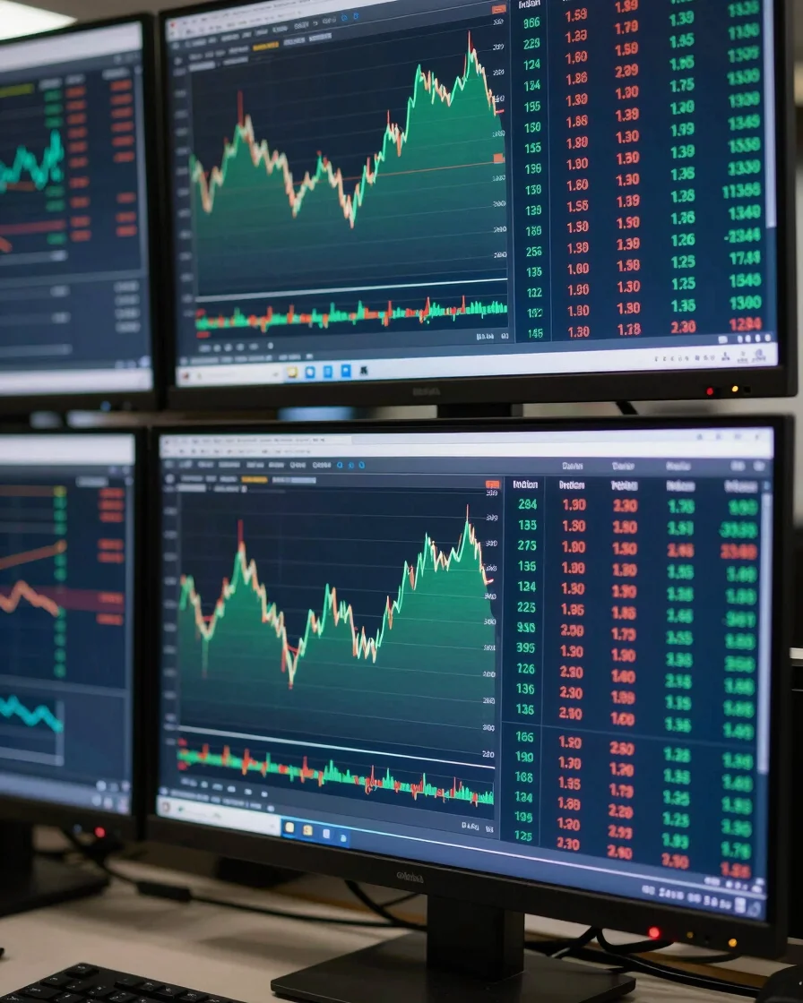 Crisp editorial financial photography of modern newsroom monitor displaying Indian market index charts, high contrast gl