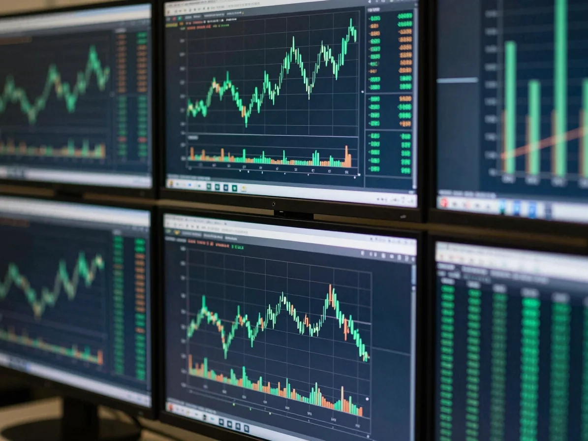Crisp editorial financial photography, clean medium close-up of data monitors showing abstract charts, deep slate and em